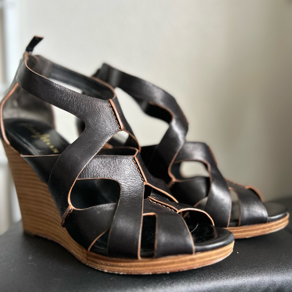 Cole Haan Air Genuine Leather Black Brown High Wedge Heel Vintage Retro